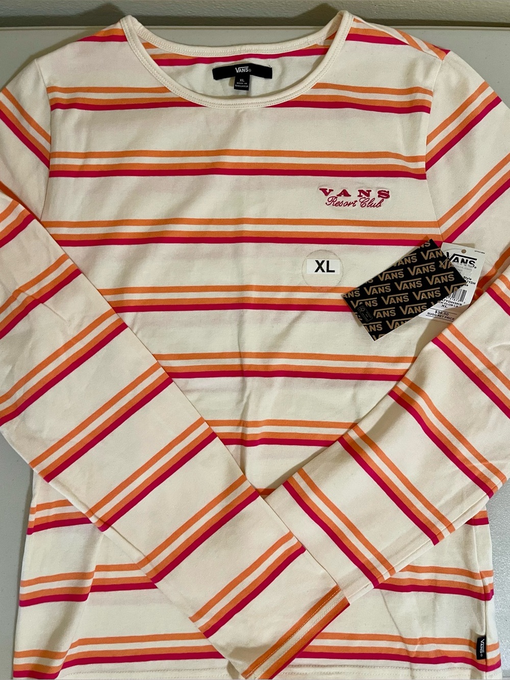 Vans Resort Club Women’s Cream Long-Sleeve Tee with Pink & Orange Stripes sz XL